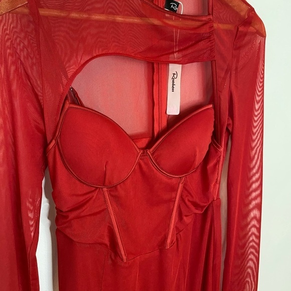 NWT Rosedress Red Corset Top Mesh Long Sleeve Midi Dress - Picture 2 of 13
